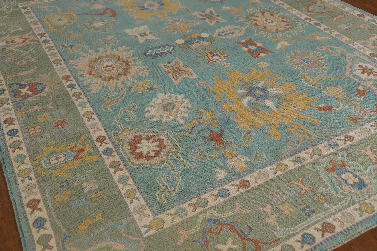 Turquoise Blue Floral Oushak Vegetable Dye Area Rug 8x10