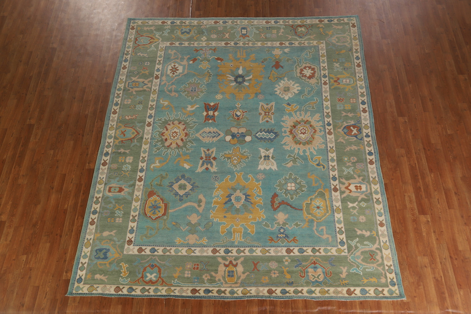 Turquoise Blue Floral Oushak Vegetable Dye Area Rug 8x10