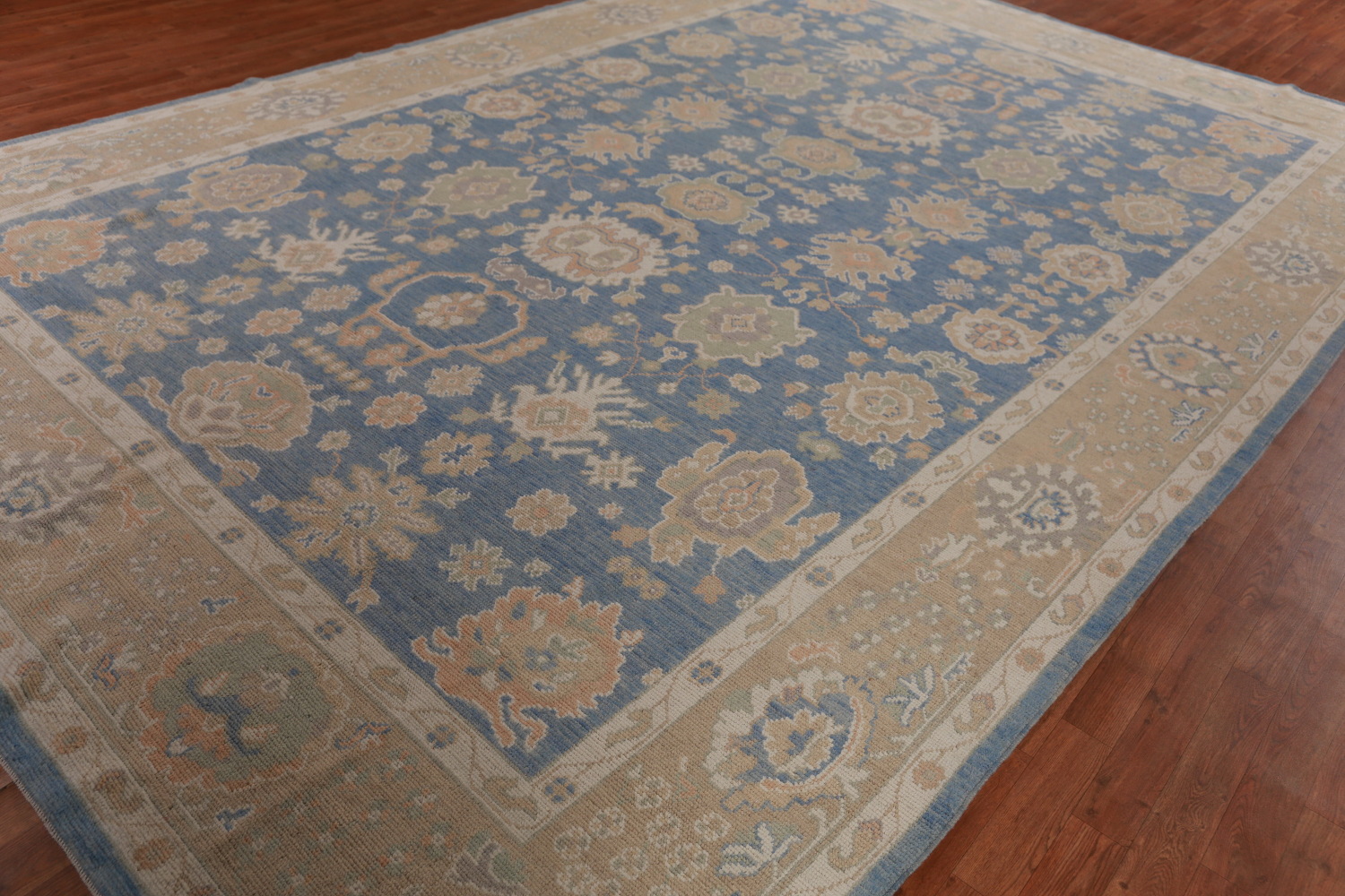 Floral Blue Oushak Vegetable Dye Large Rug 10x15