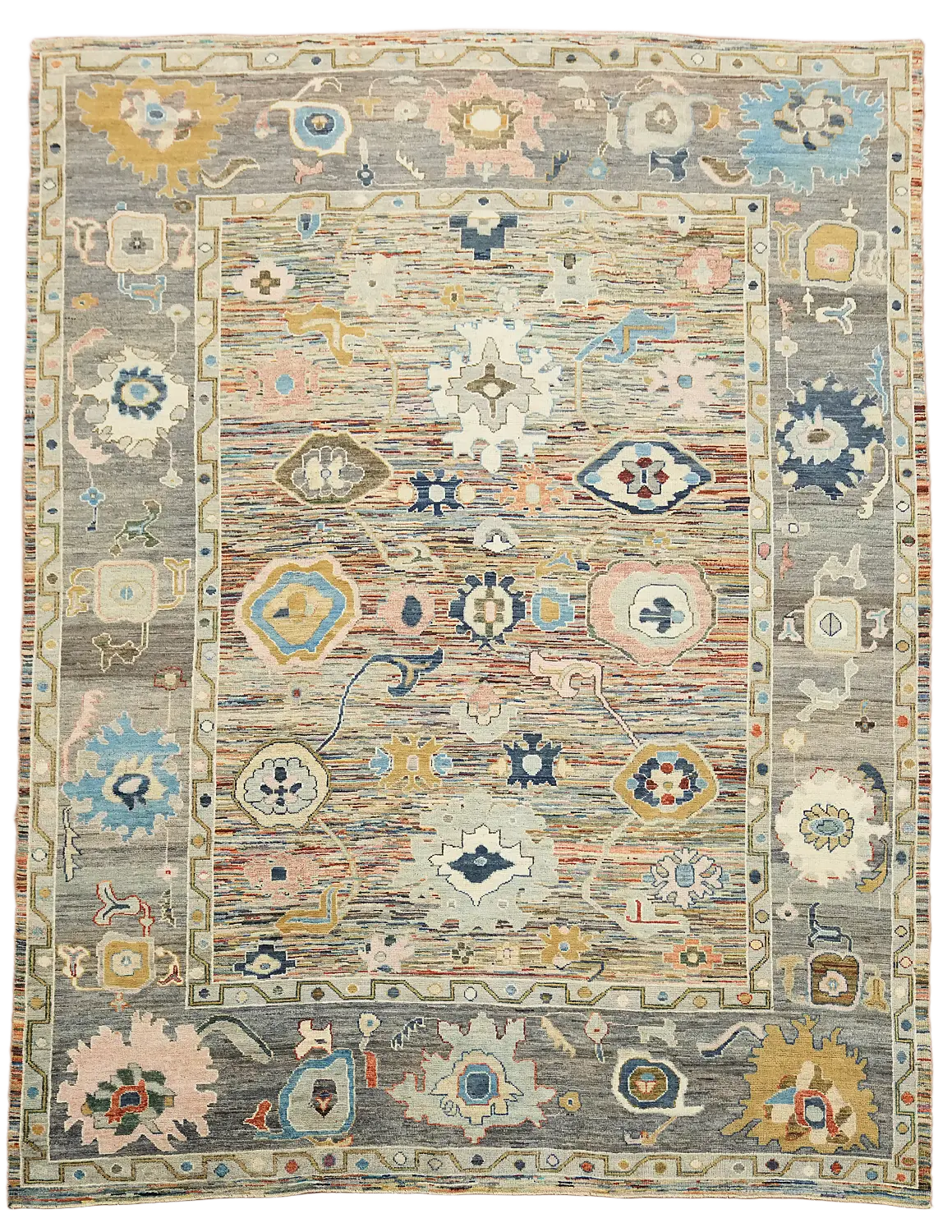 Traditional Oushak Turkish Wool Rug in Pastel Shades 9x12 ft