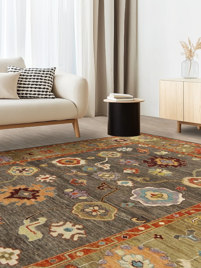 Charcoal & Green Oushak Vegetable Dye Area Rug 8x10