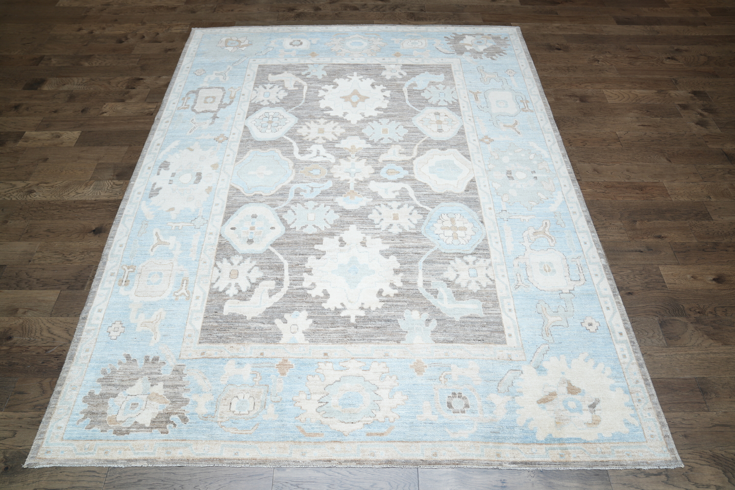 Vegetable Dye Brown and Blue Oushak Turkish Area Rug 9x12