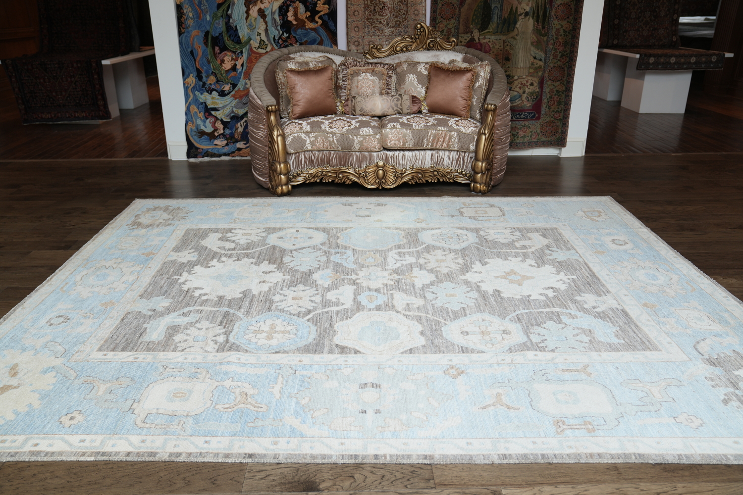 Vegetable Dye Brown and Blue Oushak Turkish Area Rug 9x12