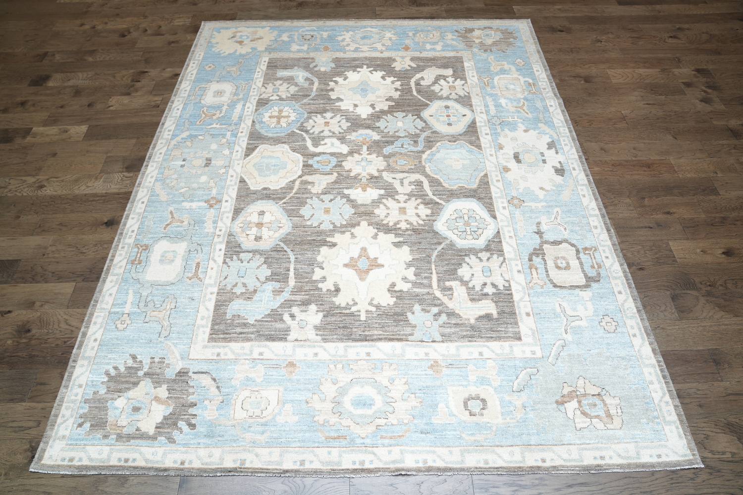 Vegetable Dye Brown and Blue Oushak Turkish Area Rug 9x12