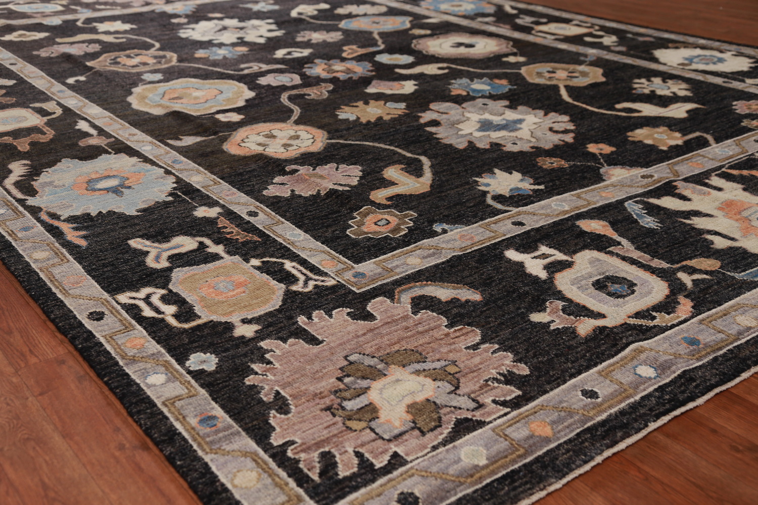 Black Floral Oushak Vegetable Dye Area Rug 9x12
