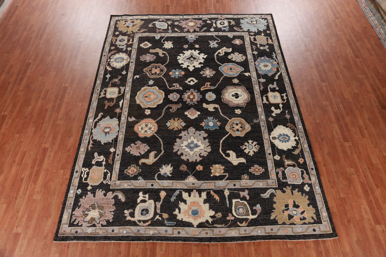 Black Floral Oushak Vegetable Dye Area Rug 9x12