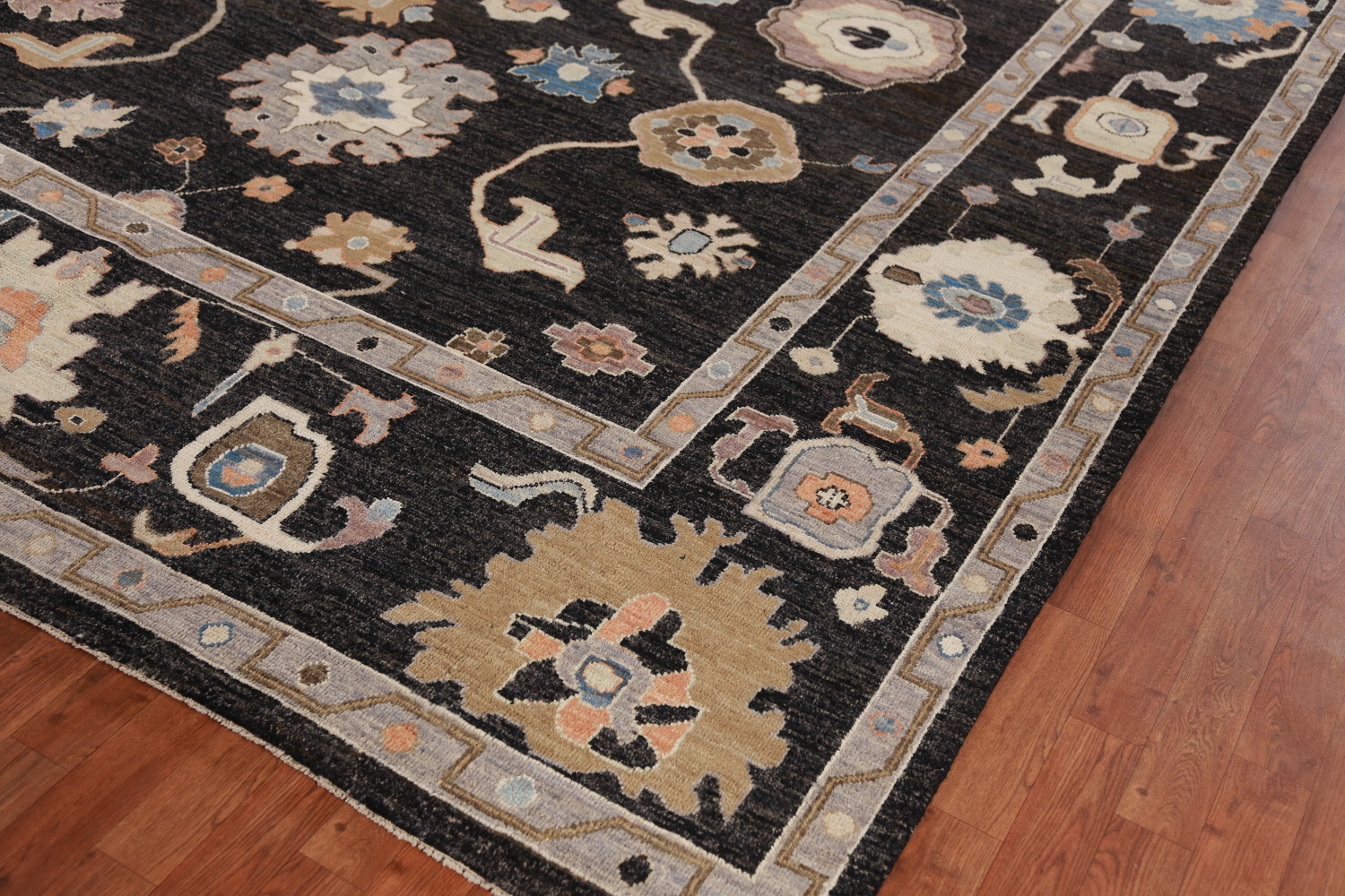 Black Floral Oushak Vegetable Dye Area Rug 9x12