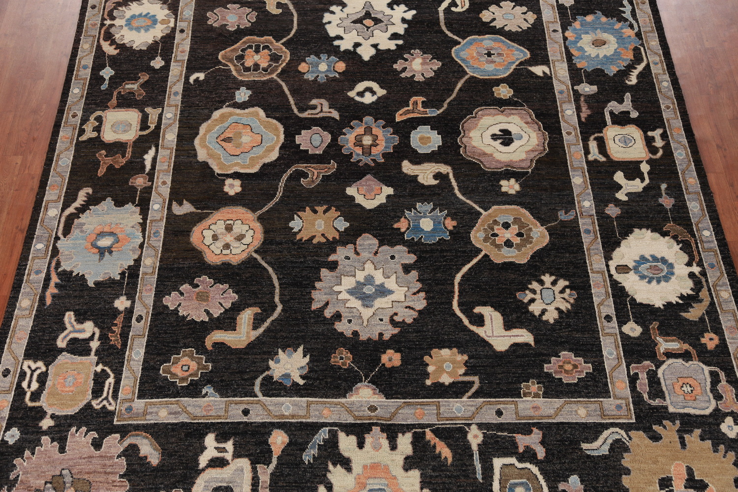 Black Floral Oushak Vegetable Dye Area Rug 9x12