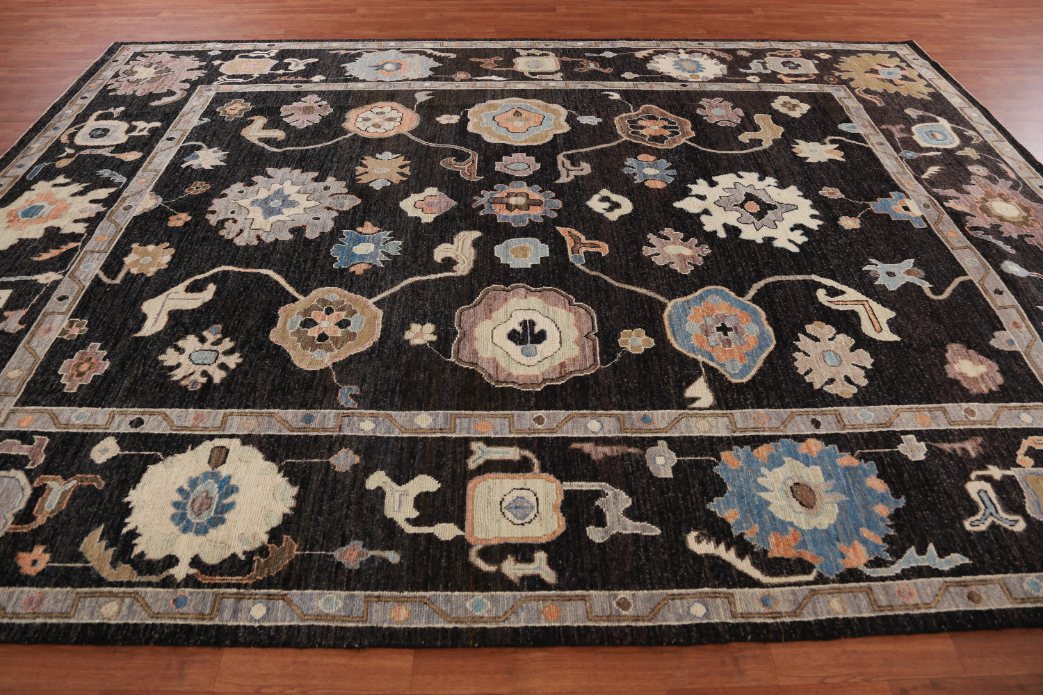 Black Floral Oushak Vegetable Dye Area Rug 9x12