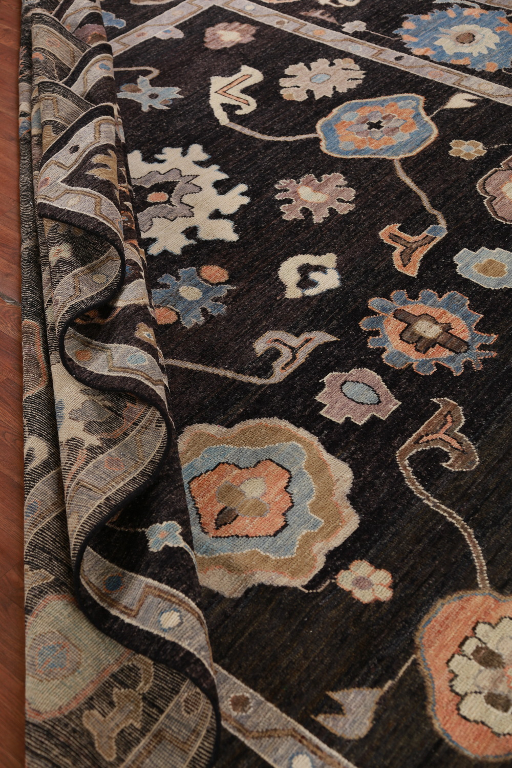 Black Floral Oushak Vegetable Dye Area Rug 9x12