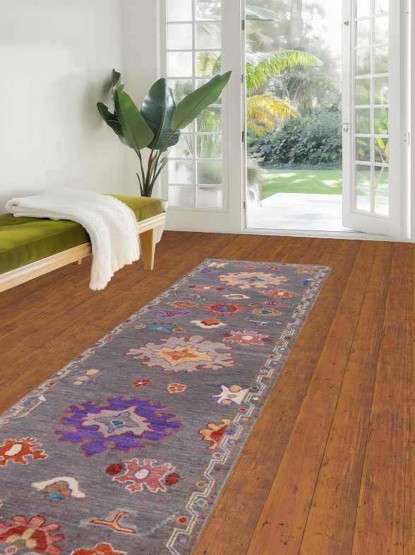 Gray Floral Oushak Vegetable Dye Runner Rug 3x10