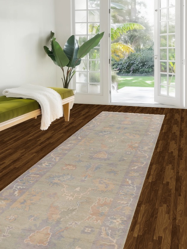 Vegetable Dye Green Oushak Turkish Runner Rug 3x12
