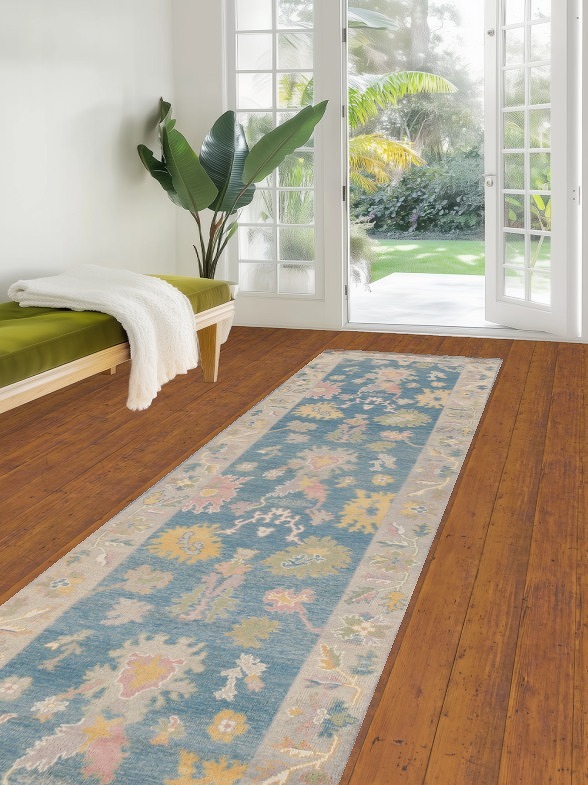 Vegetable Dye Blue Oushak Turkish Runner Rug 3x12