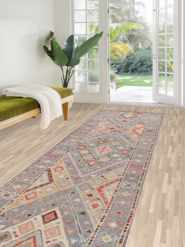 Geometric Blue Oushak Vegetable Dye Runner Rug 3x12