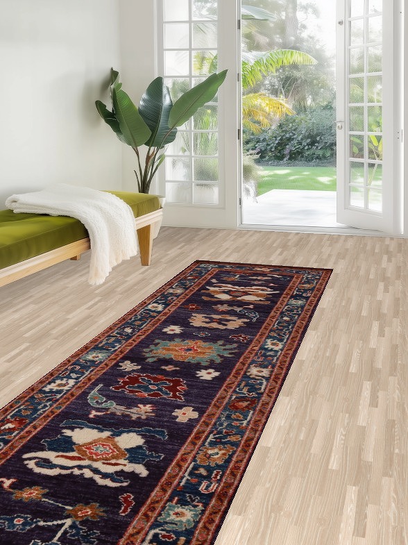 Floral Purple Oushak Vegetable Dye Runner Rug 3x10