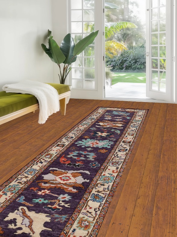 Vegetable Dye Purple Oushak Turkish Runner Rug 3x11
