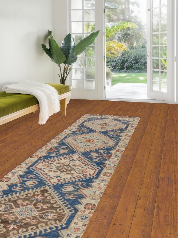 Blue Geometric Oushak Vegetable Dye Runner Rug 3x10