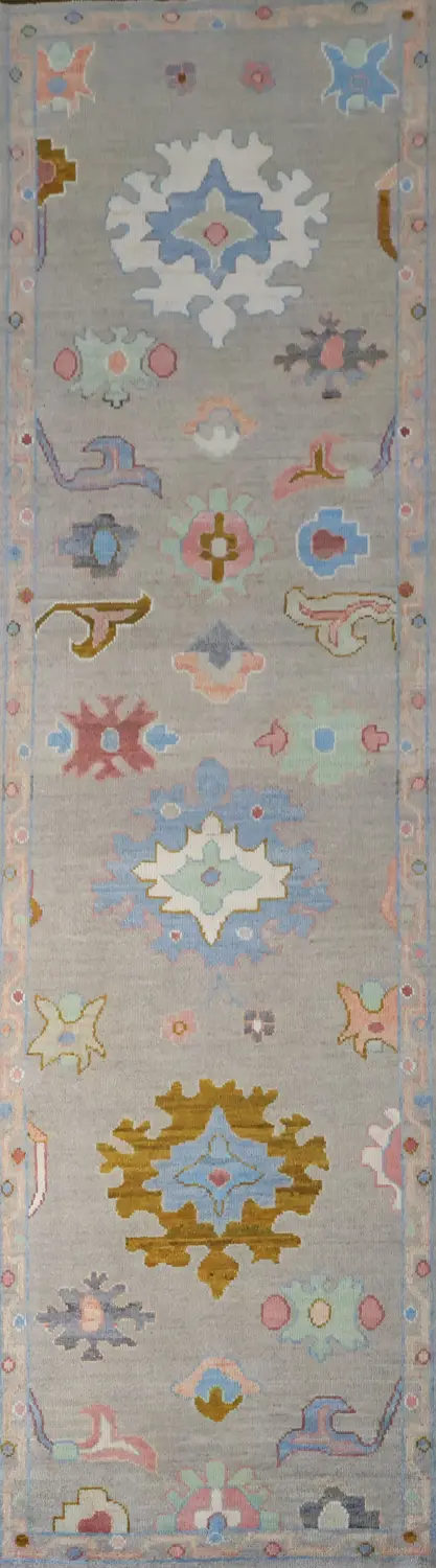 Oushak Turkish Runner with Intricate Pastel Geometric Motifs 3x10 ft