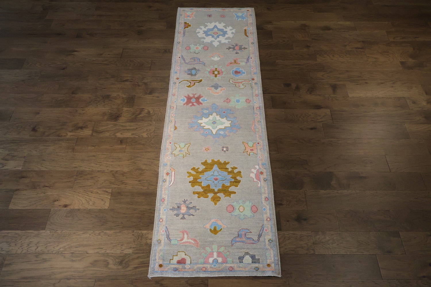 Oushak Turkish Runner with Intricate Pastel Geometric Motifs 3x10 ft