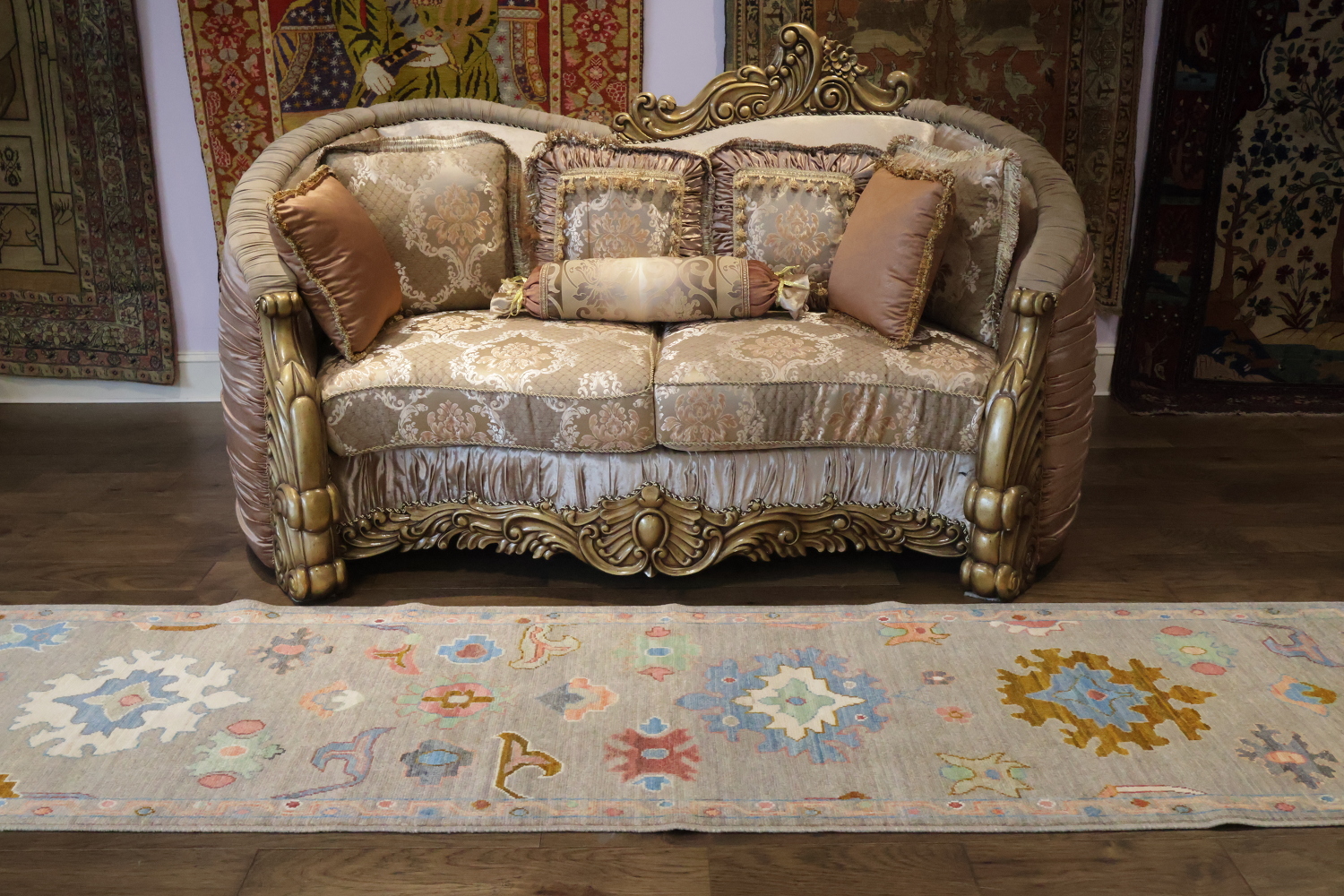 Oushak Turkish Runner with Intricate Pastel Geometric Motifs 3x10 ft