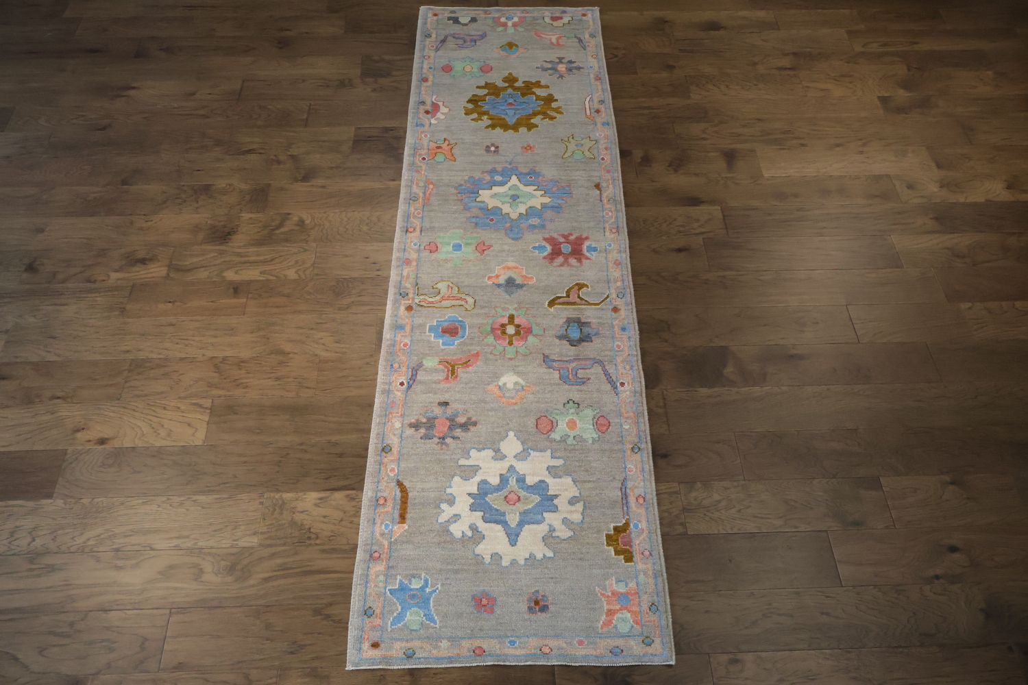 Oushak Turkish Runner with Intricate Pastel Geometric Motifs 3x10 ft