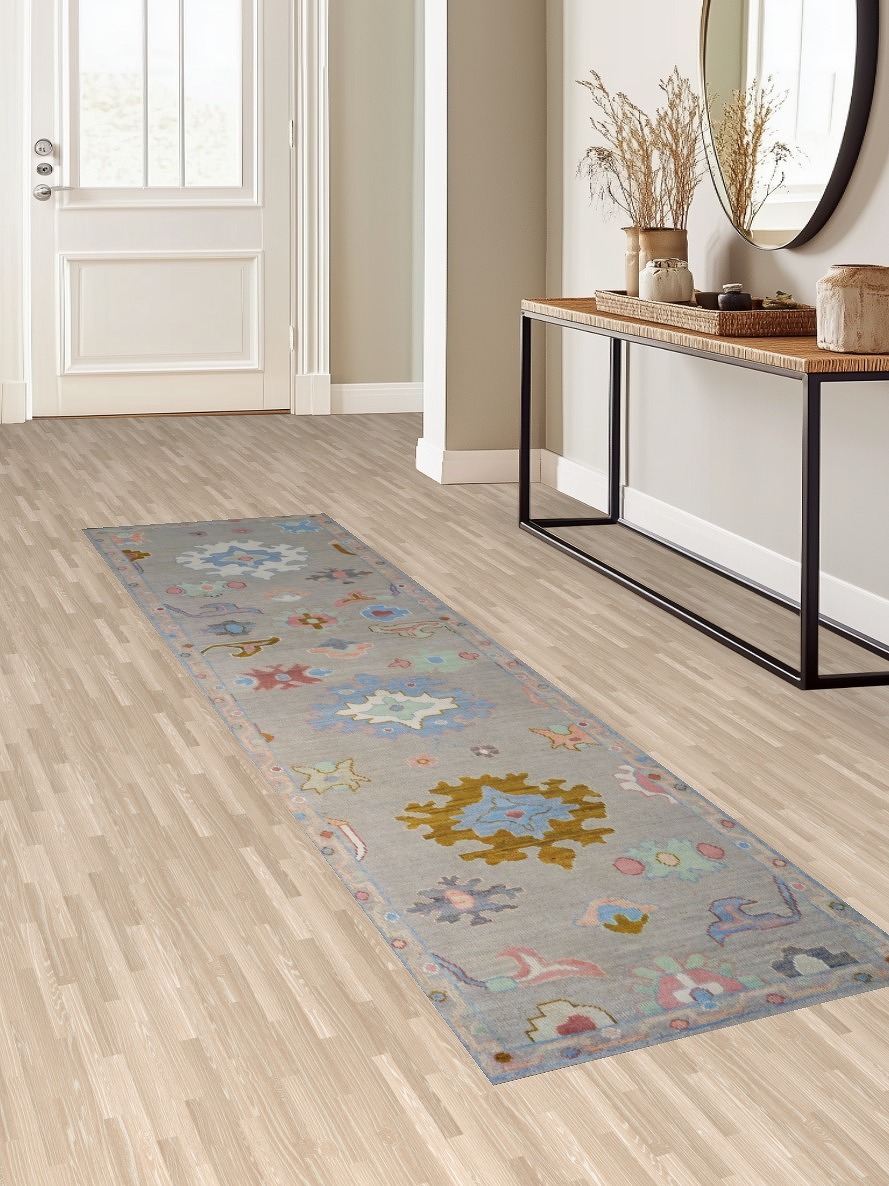 Oushak Turkish Runner with Intricate Pastel Geometric Motifs 3x10 ft