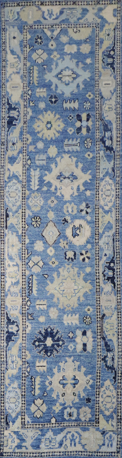 Traditional Azure and Cream Oushak Turkish Runner Rug for Hallways 3x10 ft