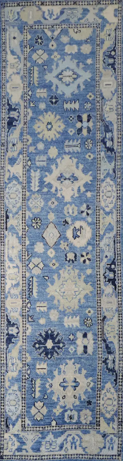 Traditional Azure and Cream Oushak Turkish Runner Rug for Hallways 3x10 ft