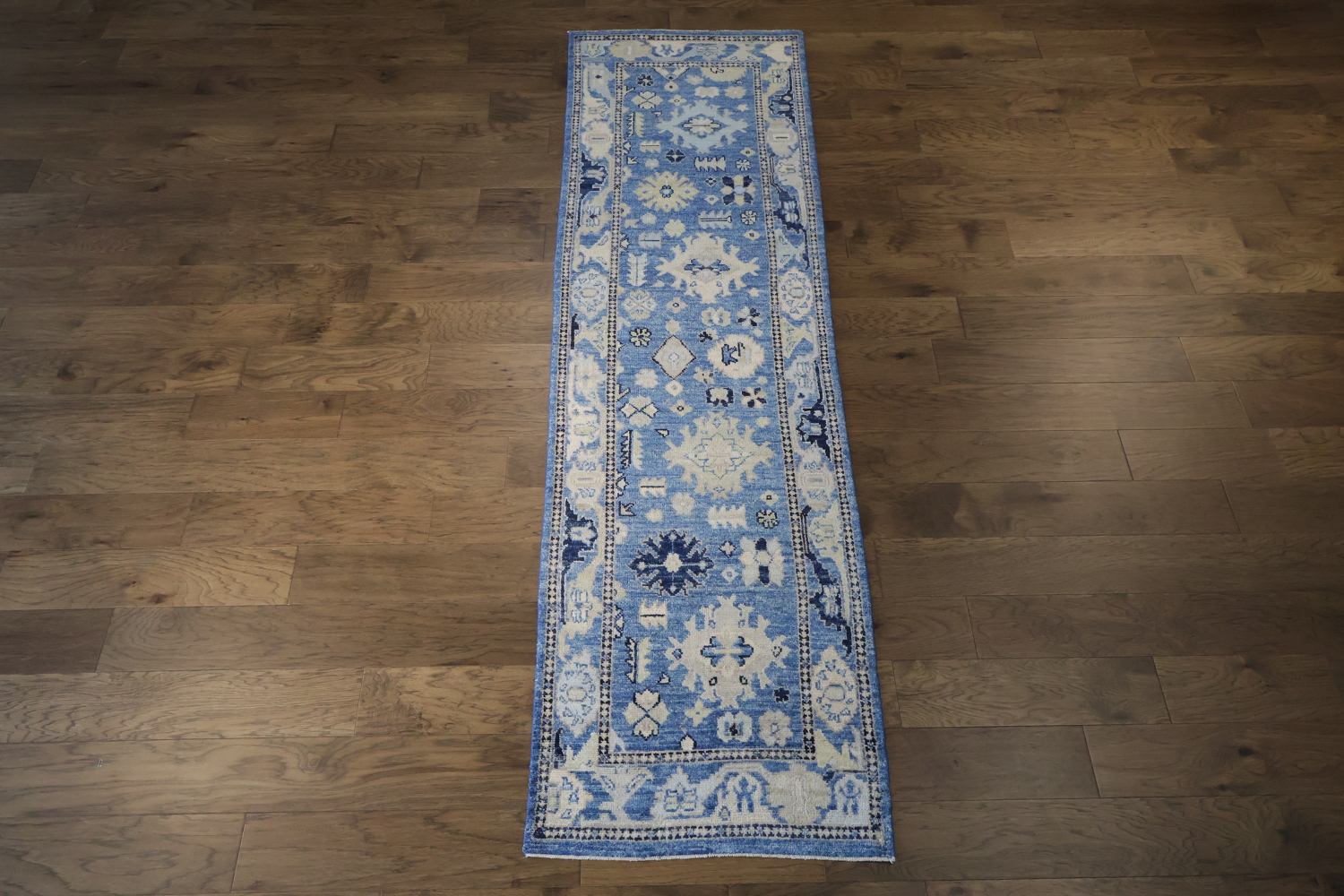 Traditional Azure and Cream Oushak Turkish Runner Rug for Hallways 3x10 ft