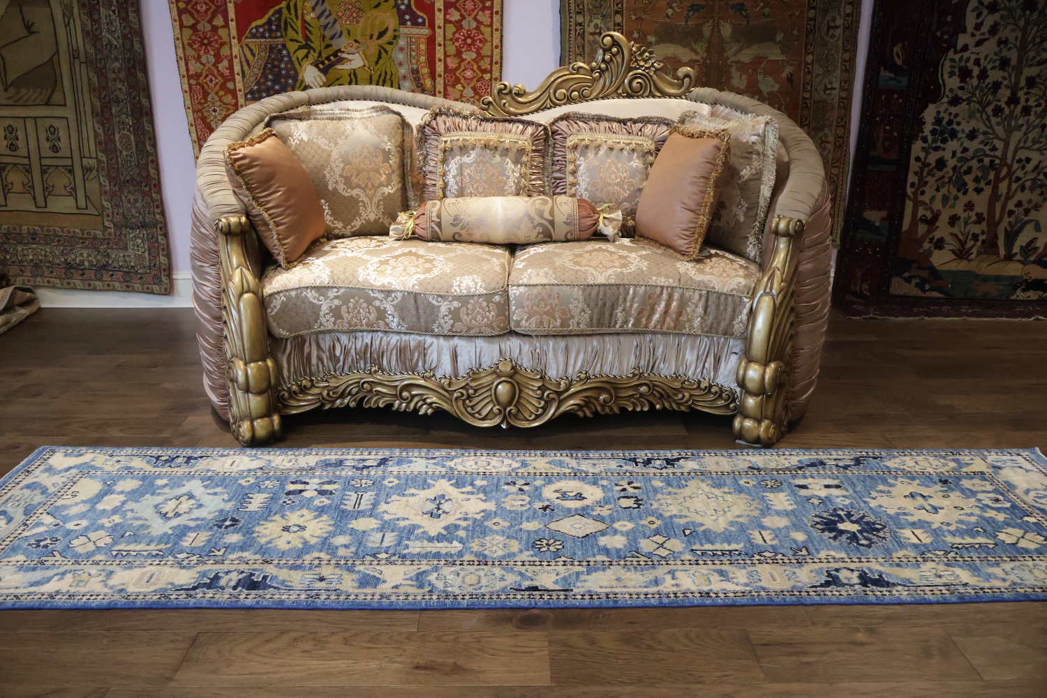 Traditional Azure and Cream Oushak Turkish Runner Rug for Hallways 3x10 ft