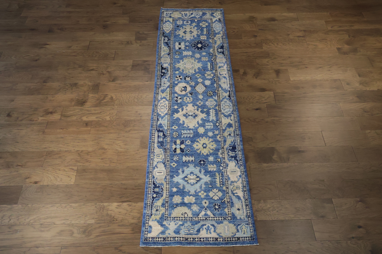 Traditional Azure and Cream Oushak Turkish Runner Rug for Hallways 3x10 ft