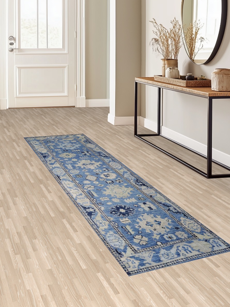 Traditional Azure and Cream Oushak Turkish Runner Rug for Hallways 3x10 ft