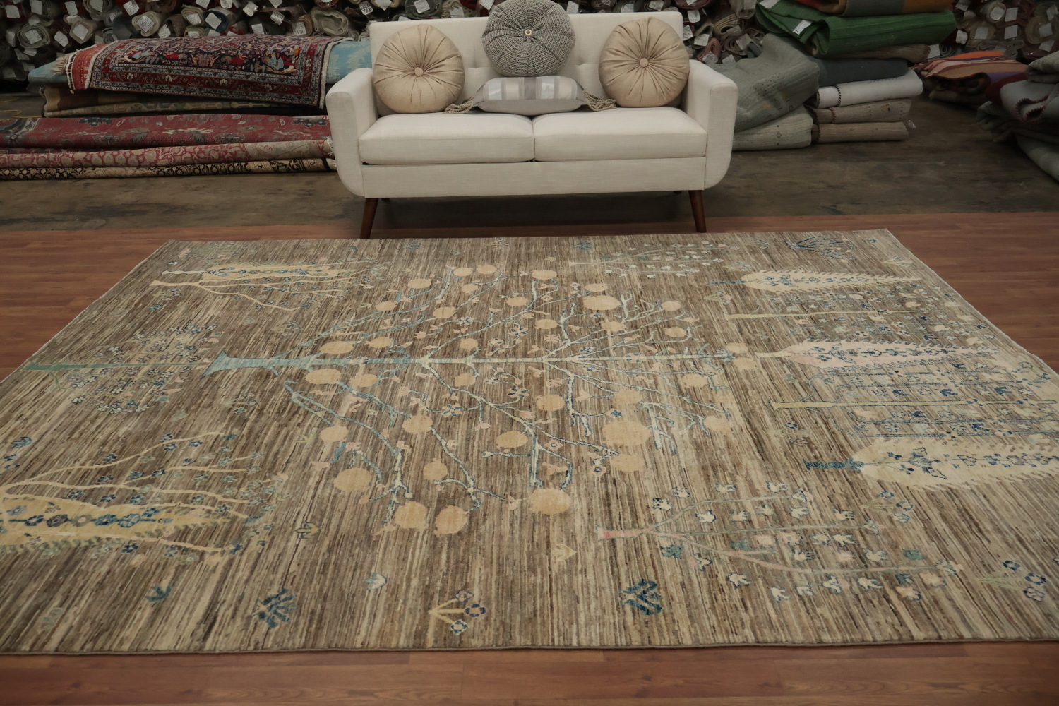 Artistic Tree Oushak Chobi Area Rug 8x10 in Calming Neutral Hues