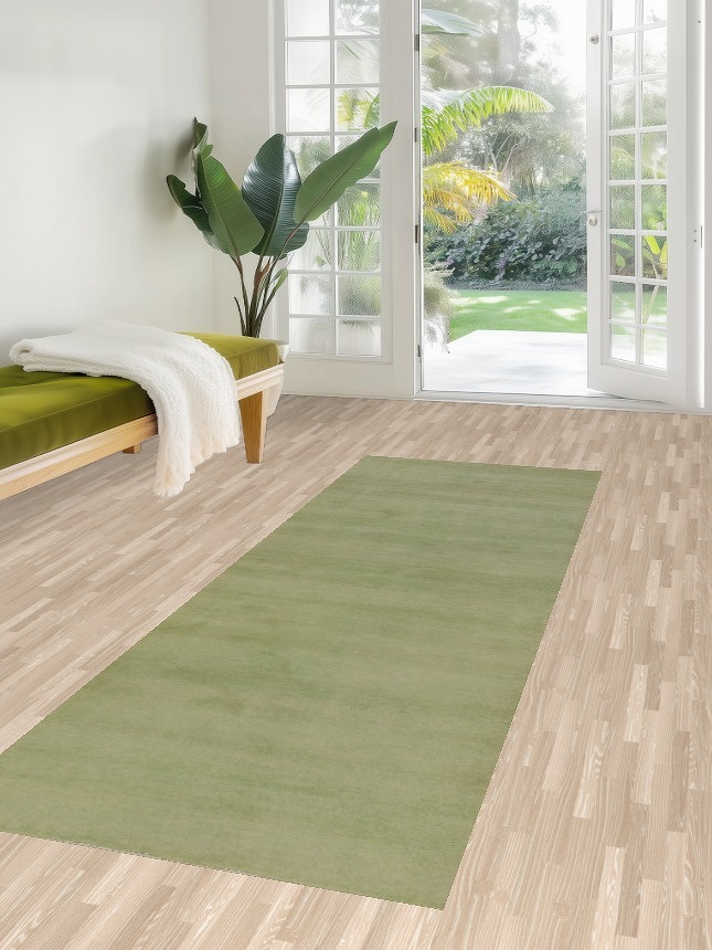 Light Green Wool Solid Gabbeh Persian Runner Rug 3x8