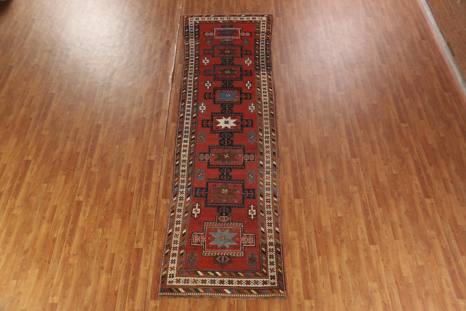 Pre-1900 Antique Kazak Vegetable Dye Runner Rug 4x13