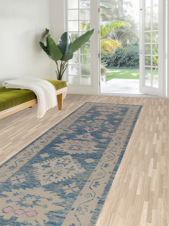 Floral Blue Handmade Oushak Vegetable Dye Runner Rug 3x14