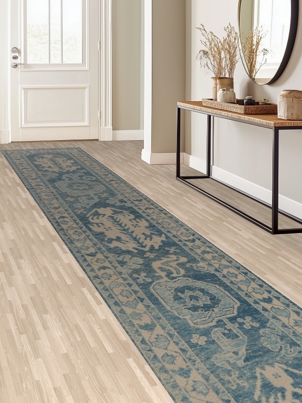 Vegetable Dye Blue Oushak Turkish Runner Rug 3x19