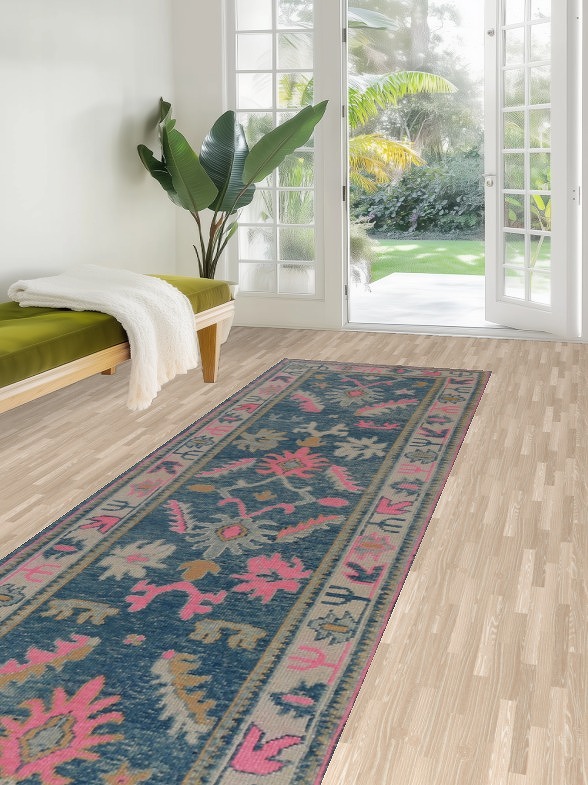 Vegetable Dye Blue Oushak Turkish Runner Rug 3x16