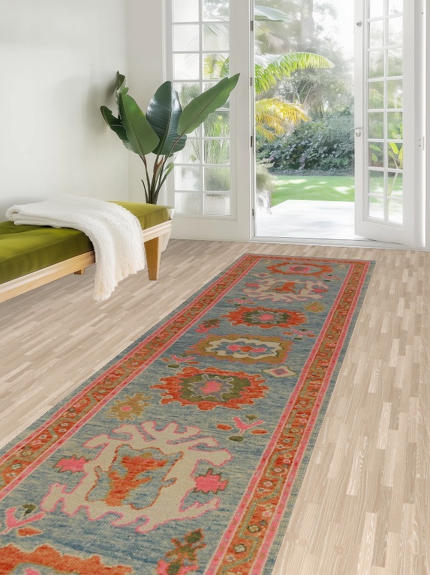 Handmade Blue Floral Oushak Vegetable Dye Runner Rug 3x13