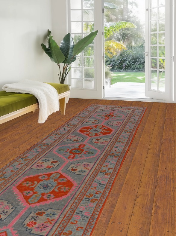 Geometric Blue Vegetable Dye Oushak Turkish Runner Rug 3x14