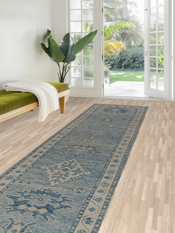 Handmade Blue Oushak Vegetable Dye Runner Rug 3x14