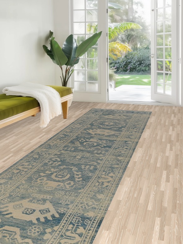 Blue Geometric Oushak Vegetable Dye Runner Rug 3x14