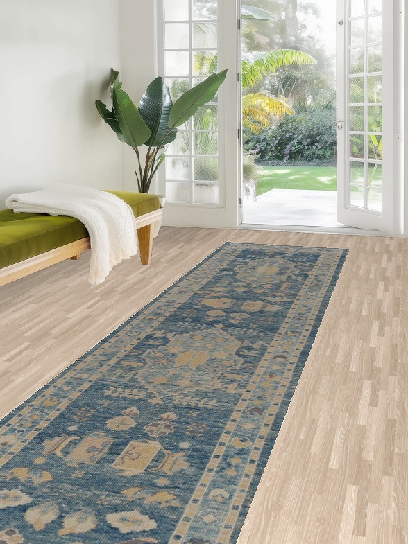 Vegetable Dye Blue Oushak Turkish Runner Rug 3x14