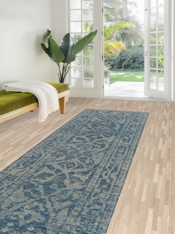 Vegetable Dye Blue Oushak Turkish Runner Rug 3x17