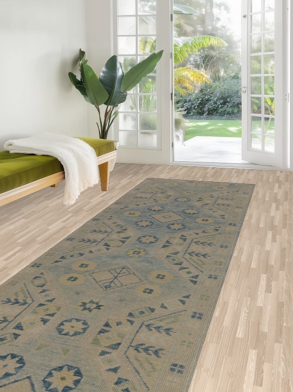 Geometric Wool Oushak Vegetable Dye Runner Rug 3x16