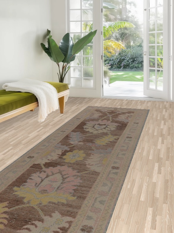 Vegetable Dye Brown Oushak Turkish Runner Rug 3x17