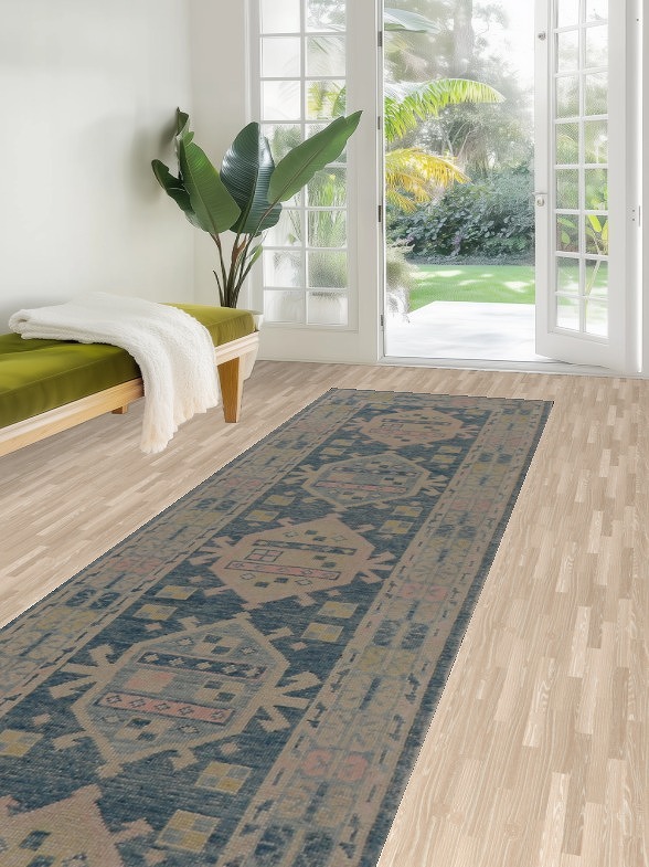 Blue Geometric Oushak Vegetable Dye Runner Rug 3x17
