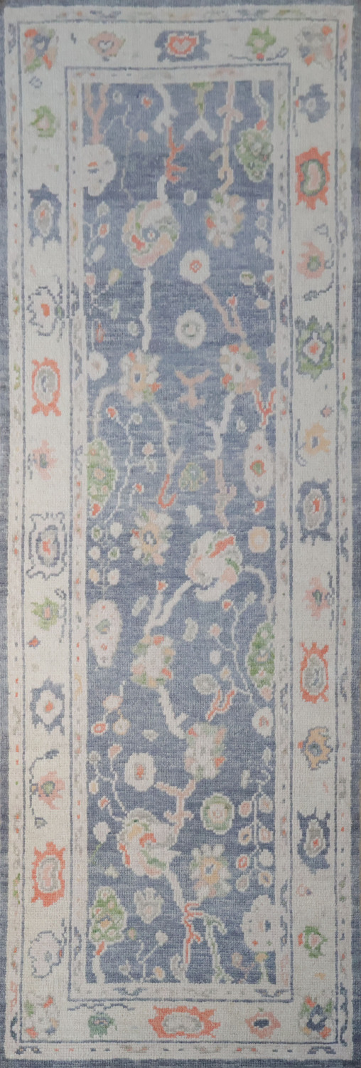 Vegetable Dye Blue and Coral Oushak Turkish Runner Rug 3x9 ft