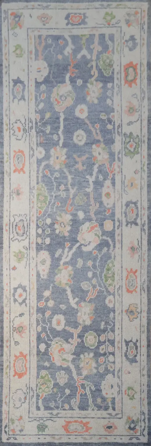Vegetable Dye Blue and Coral Oushak Turkish Runner Rug 3x9 ft