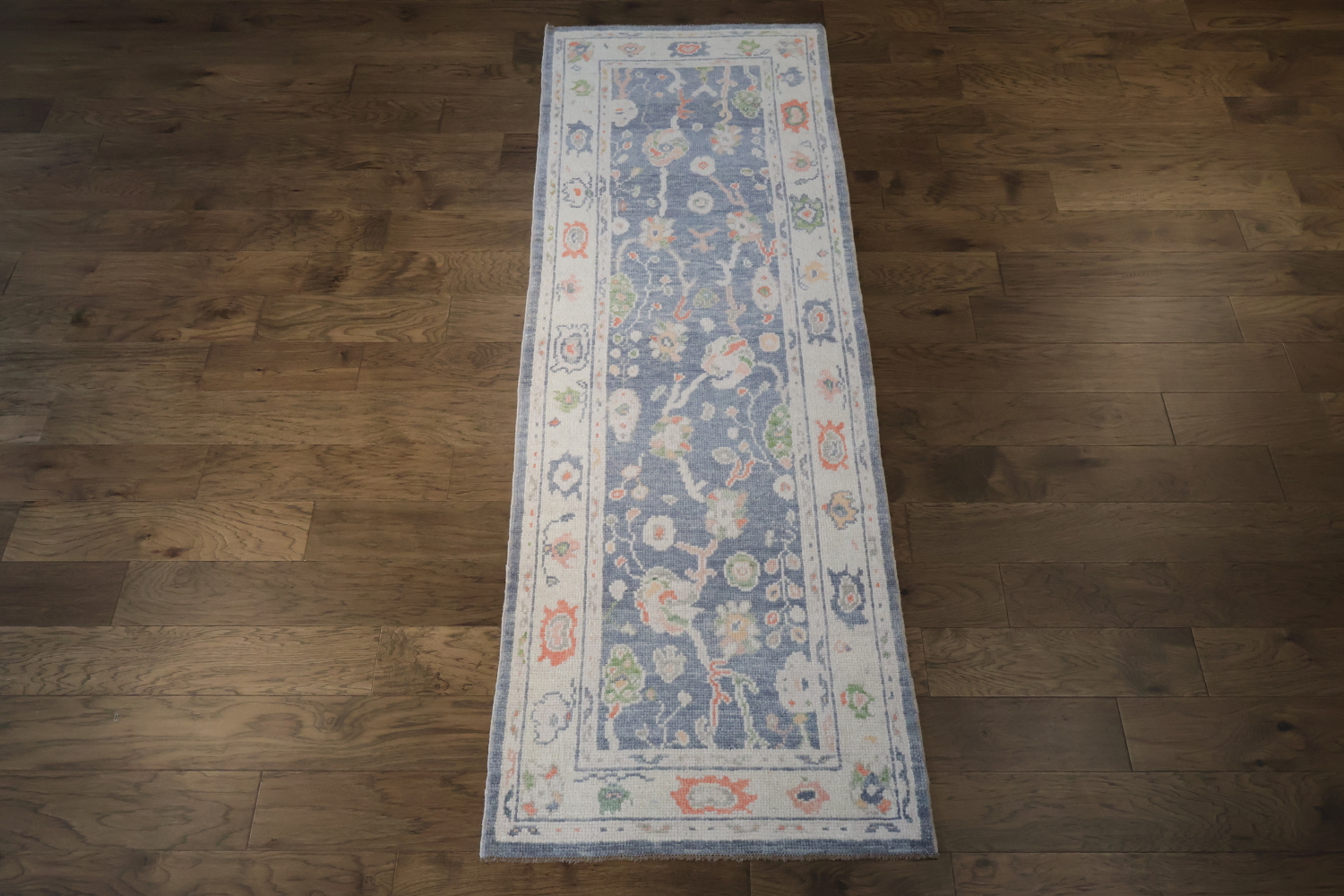 Vegetable Dye Blue and Coral Oushak Turkish Runner Rug 3x9 ft